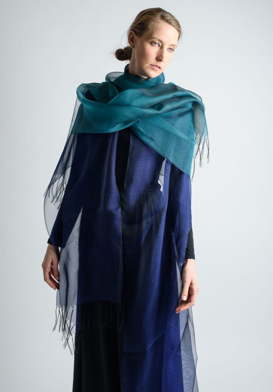 Issey Miyake Moire Double Paneled Sheer Silk Shawl in Blue	