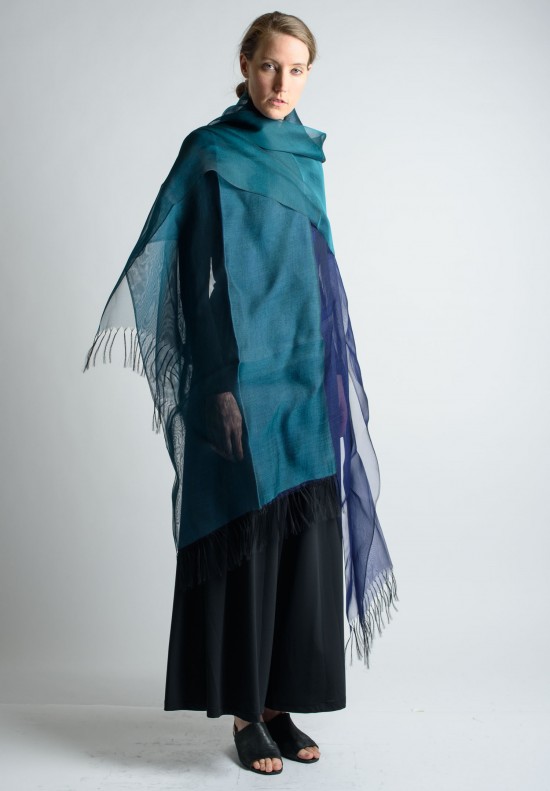 Issey Miyake Moire Double Paneled Sheer Silk Shawl in Blue	