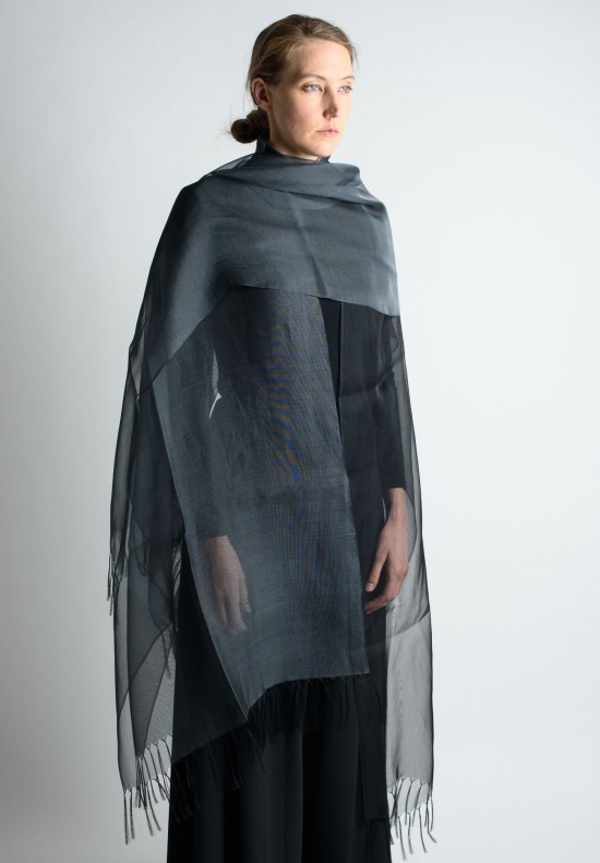 Issey Miyake Moire Double Paneled Sheer Silk Shawl in Black	