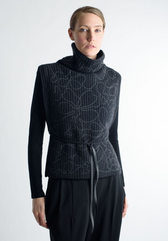 Brunello Cucinelli Sleeveless Belted Turtleneck with Monili Beading in Charcoal  