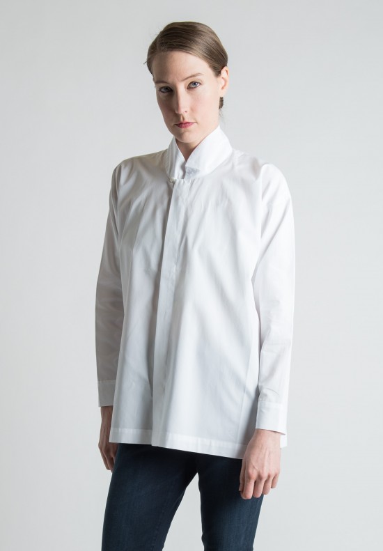 Eskandar Long A-Line Chinese Collar Shirt in White