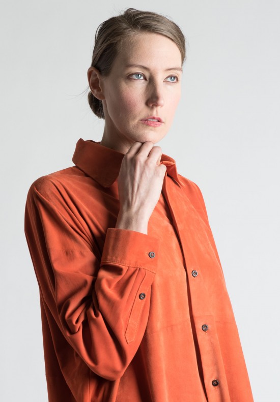Eskandar Wide Goat Suede A-Line Shirt in Rust