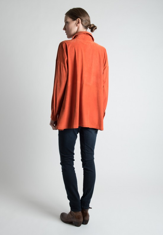 Eskandar Wide Goat Suede A-Line Shirt in Rust