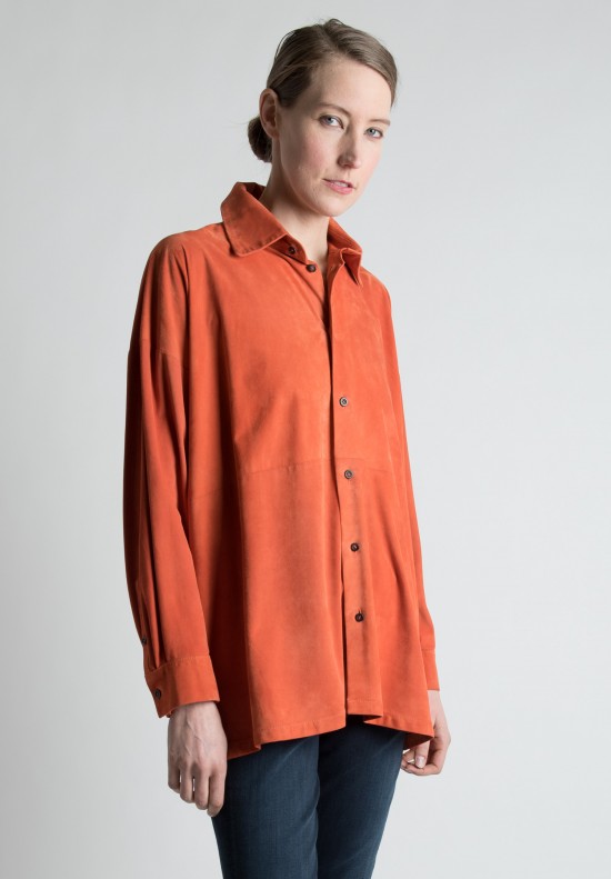 Eskandar Wide Goat Suede A-Line Shirt in Rust