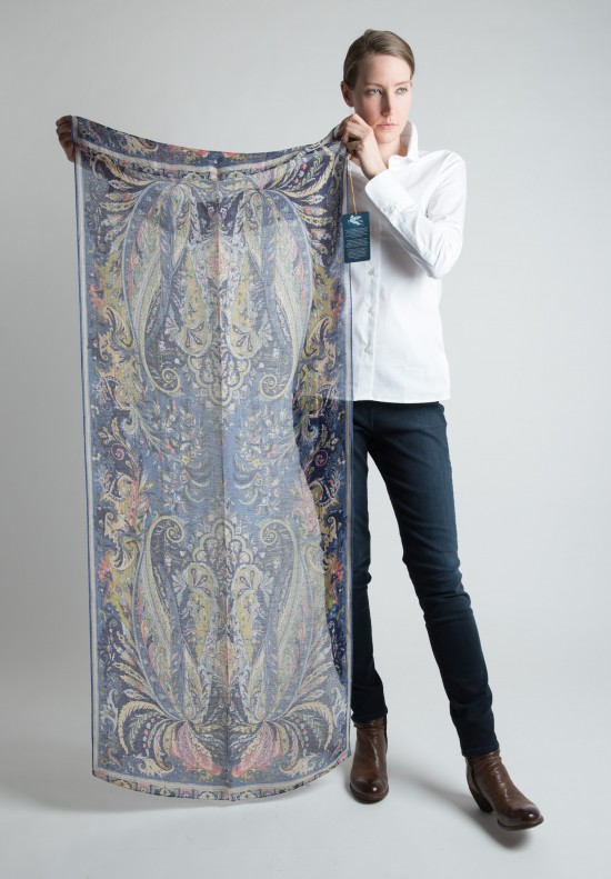 Etro Linen Blend Paisley Print Scarf in Blue