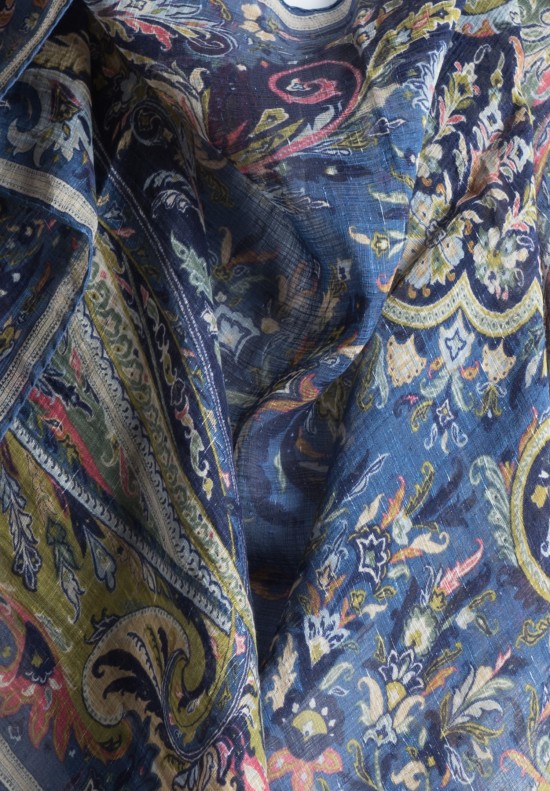 Etro Linen Blend Paisley Print Scarf in Blue