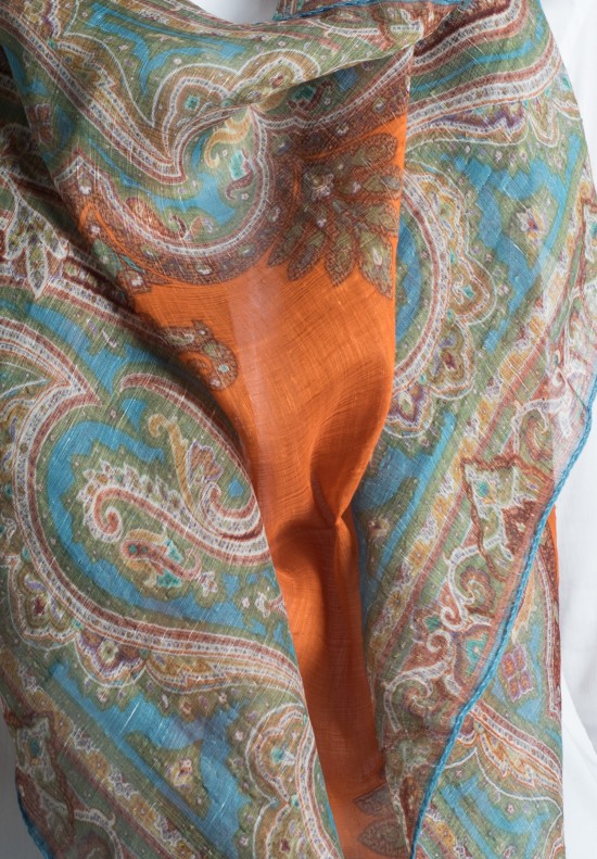 Etro Linen Blend Paisley Print Scarf in Orange Multi