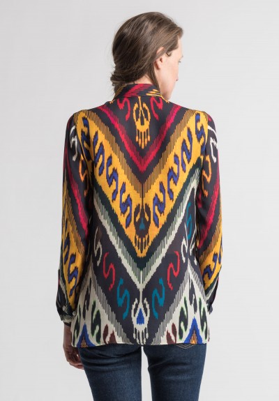 Etro Silk Ikat Print Blouse in Black Multi Santa Fe Dry 