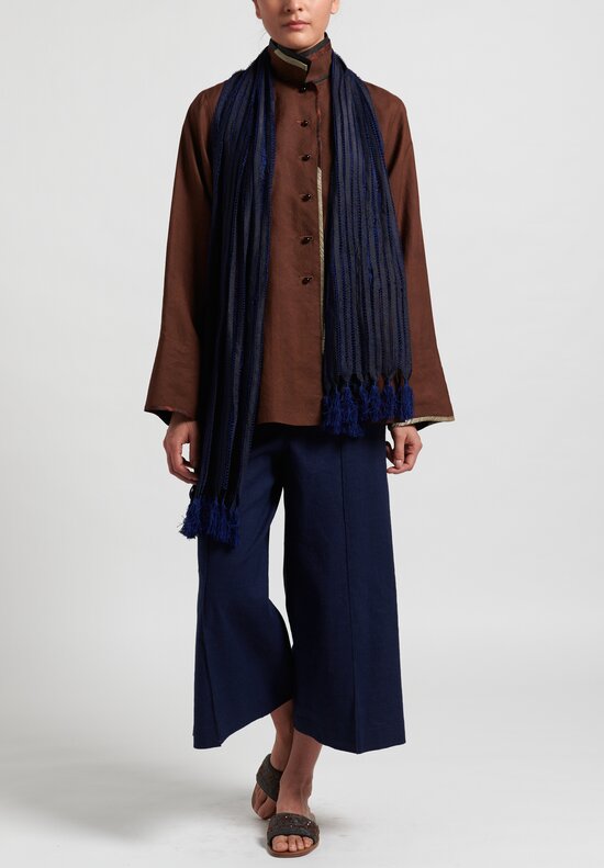 Sophie Hong Stitched Silk Ribbon and Tassel Scarf in Blue