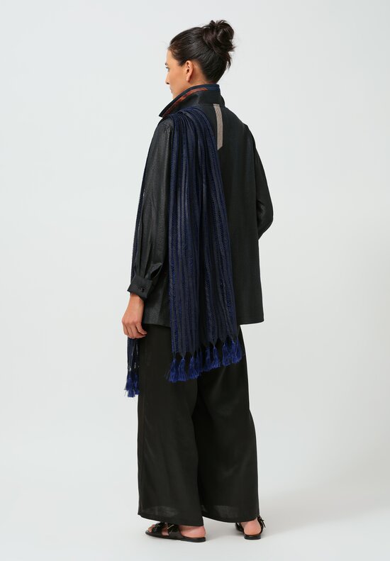 Sophie Hong Stitched Silk Ribbon and Tassel Scarf in Blue