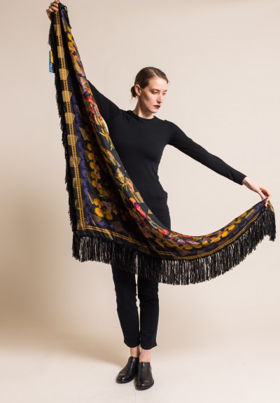 Etro Silk Jacquard Print & Fringe Shawl in Black | Santa Fe Dry Goods