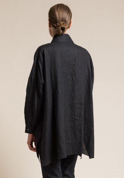 Shi Linen Mandarin Collar Button-Down Tunic in Black | Santa Fe Dry ...