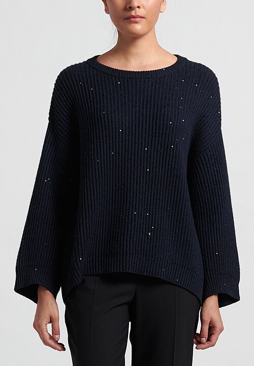 Brunello Cucinelli Cashmere/Silk Relaxed Paillette Sweater in Navy Blue