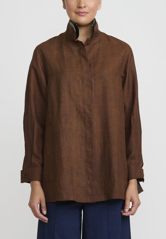 Sophie Hong Silk Jacquard Pearl Collar Relaxed Shirt in Coffee	