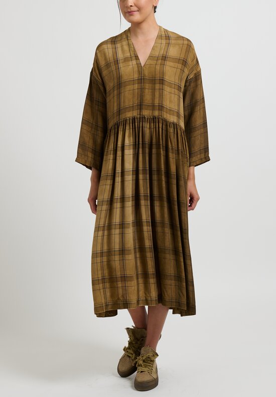 Uma Wang Alghero Aada Plaid V-Neck Dress in Brown