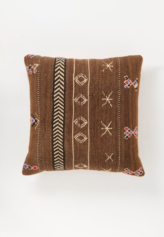 Antique and Vintage Wool Hand Loomed Moroccan Square Pillow with Embroidery in Brown	