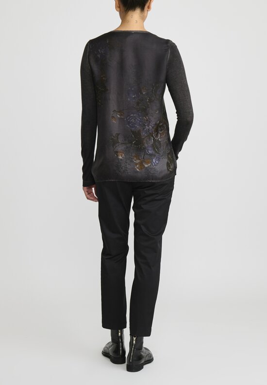 Avant Toi Cashmere/ Silk Printed Back V-Neck Sweater in Nero/ Carruba/ Floral	