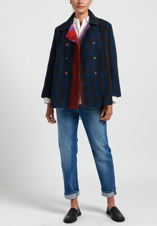 Pero Wool Reversible Jacket in Blue Check/ Red Floral