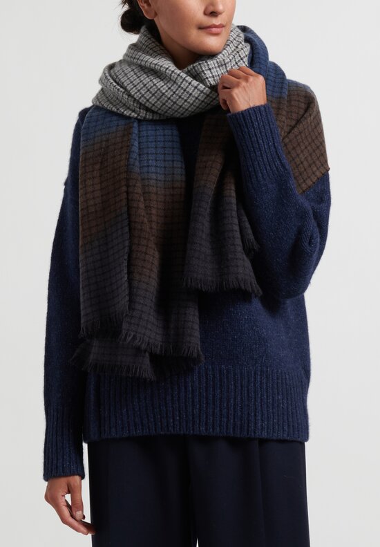 Alonpi Cashmere ''Dipinta A Mano'' Scarf in Blue/Brown Checkers	