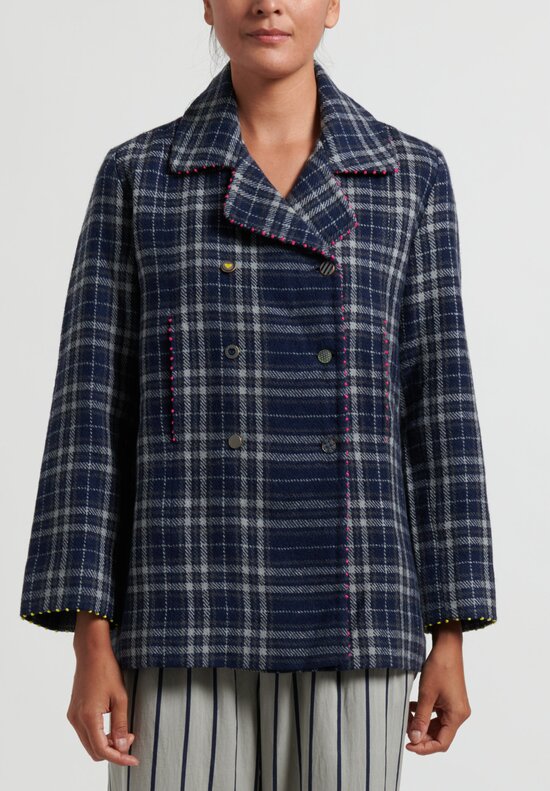 Péro Plaid Double Breasted Jacket in Blue	