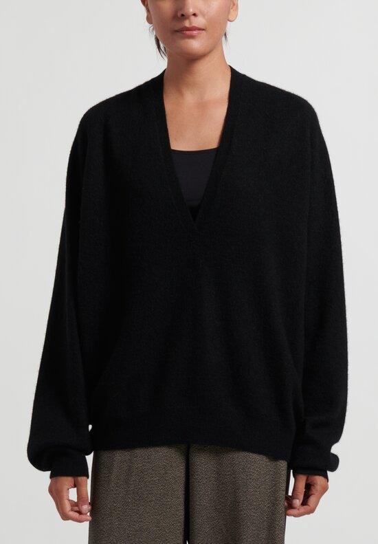 Frenckenberger Cashmere Boyfriend Deep V Sweater in Black	