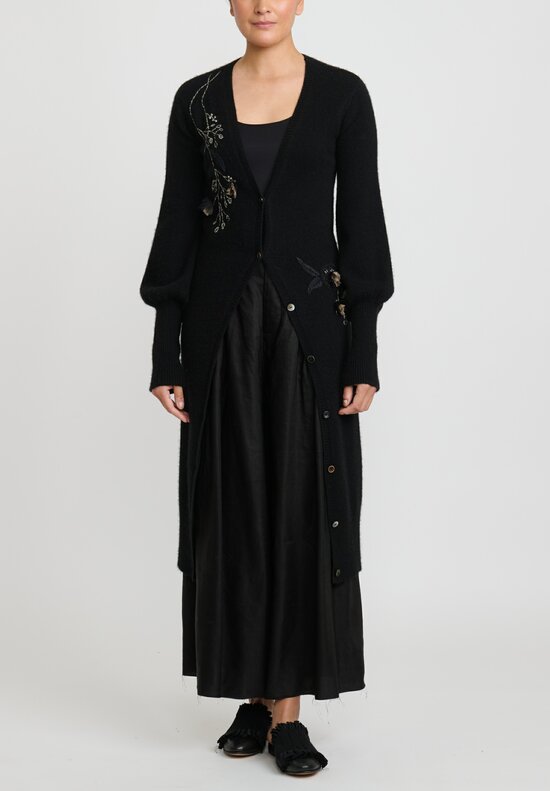 A Tentative Atelier Cashmere Embroidered ''Berthe D.'' Bishop Sleeve Cardigan in Black	