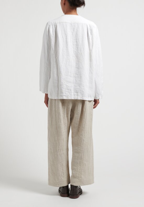 Kaval Linen Collarless Shirt in White	
