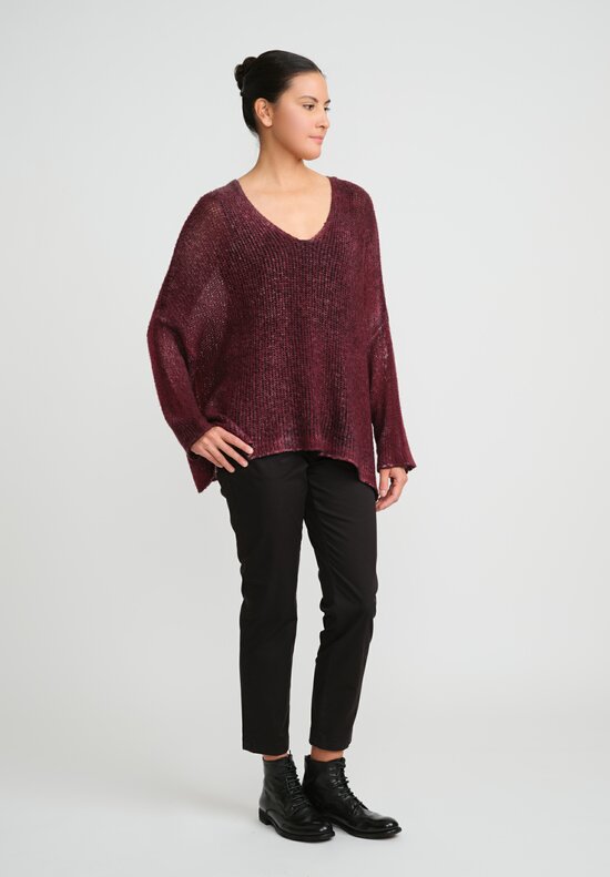 Avant Toi Hand-Painted Loose Knit V-Neck Sweater in Nero Wine Red