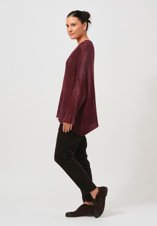 Avant Toi Hand-Painted Loose Knit V-Neck Sweater in Nero Wine Red	