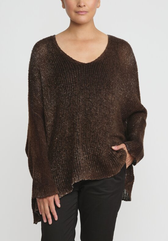 Avant Toi Hand-Painted Loose Knit V-Neck Sweater in Nero Cioccolato Brown