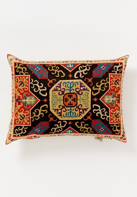 Caucasian Embroidered Karabag Motif Lumbar Pillow in Brown, Red & Blue	