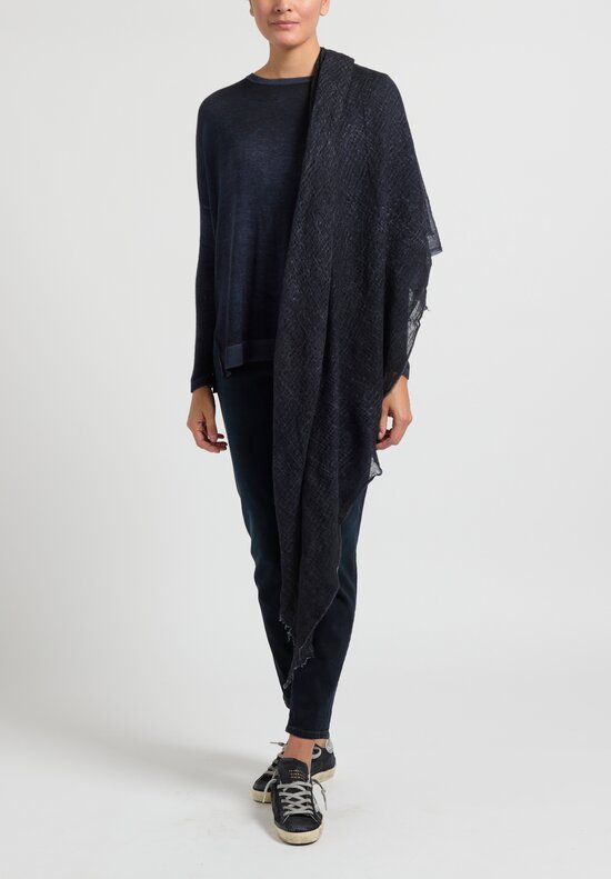 Avant Toi Hand-Painted Cashmere Gauze Scarf in Nero/Navy Blue	
