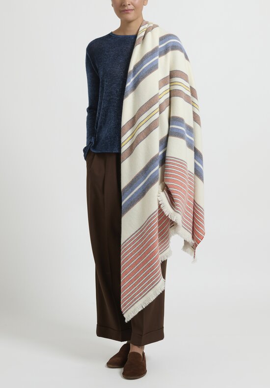 Alonpi Cashmere Knit ''Malaga'' Shawl in Cream & Orange/Blue Stripe	