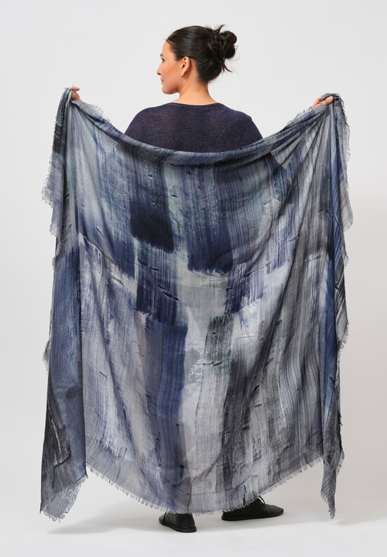 Alonpi Cashmere Lotus Printed Scarf in Navy & Grey	