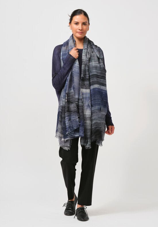 Alonpi Cashmere Lotus Printed Scarf in Navy & Grey	