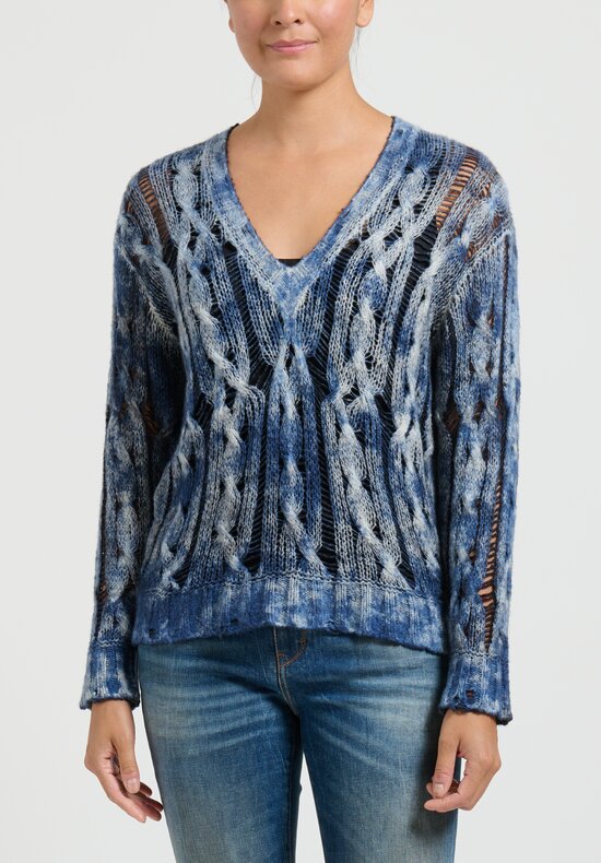 Avant Toi Hand Painted, Cable Knit Sweater in Nero Denim	