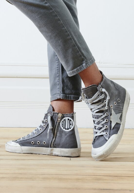 Golden Goose Francy Penstar Canvas Signature Hi-Top in Charcoal Grey, Ice White, and Red Script	