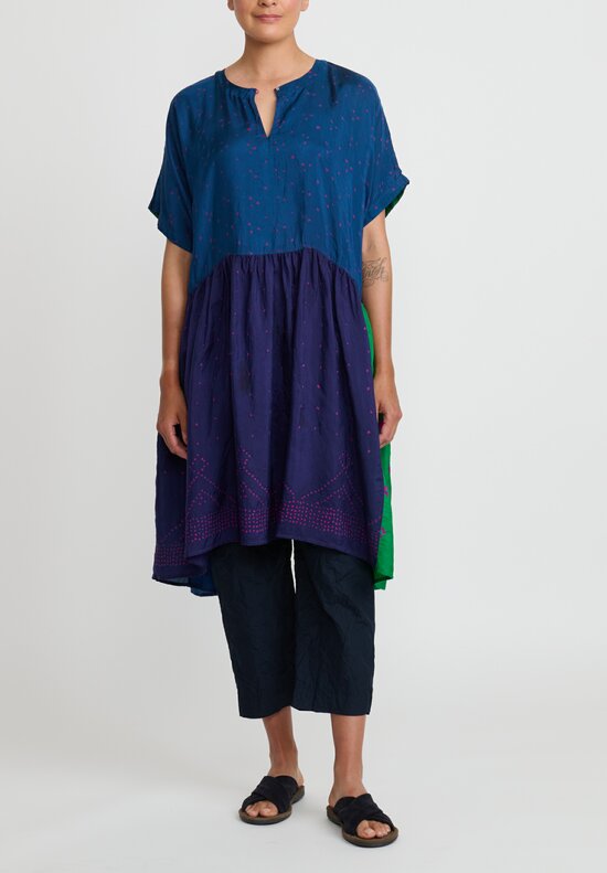 Injiri Silk Oversized Shekhwati Dress in Indigo Blue, Green and Pink