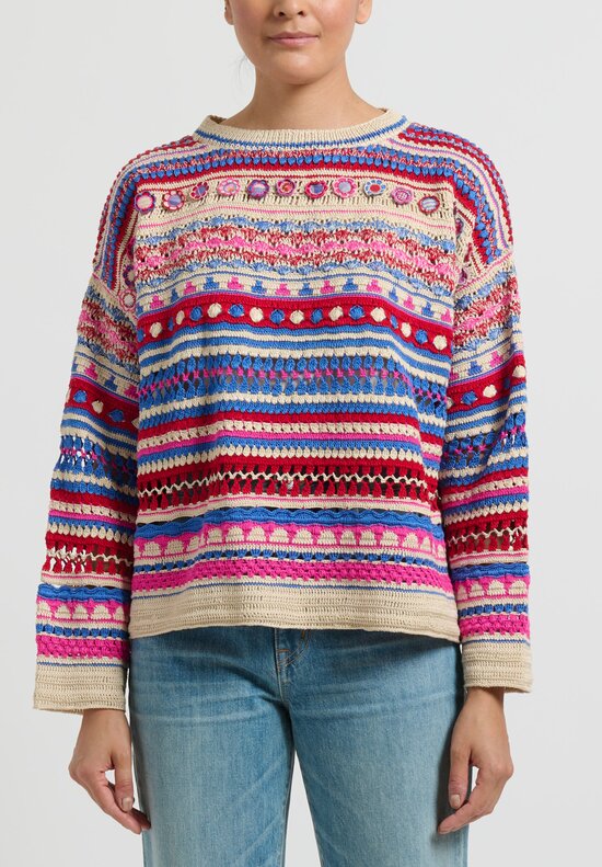 Péro Crocheted Striped Sweater in Red, Cream and Blue	