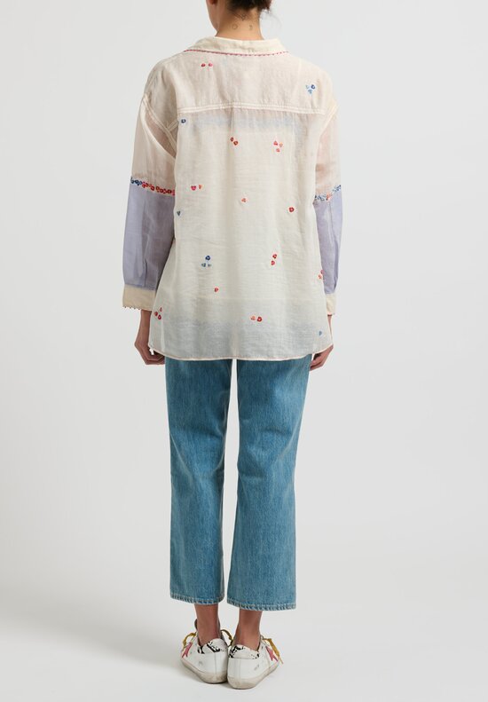 Péro Long Sleeve Embroidered Shirt in White, Pink and Blue	