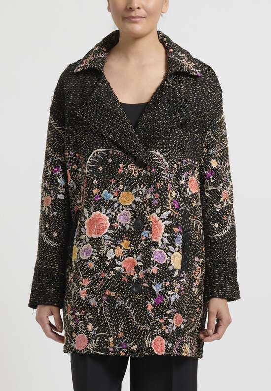 By Walid Antique Hand Embroidered ''Stacey'' Coat in Black & Peach	