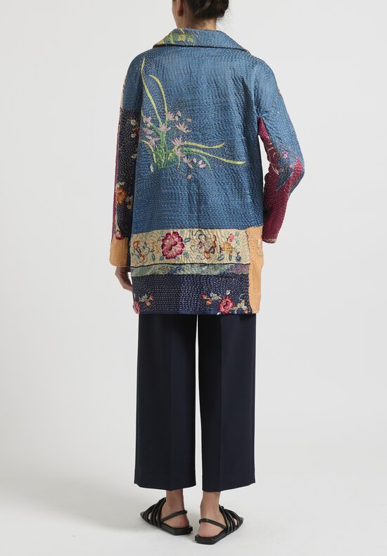 By Walid Antique Hand Embroidered Chinese Silk ''Stacey'' Coat in Blue Patchwork	