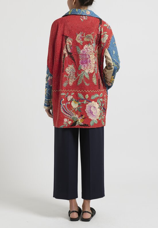 By Walid Antique Hand Embroidered Chinese Silk ''Stacey'' Coat in Blue & Red	