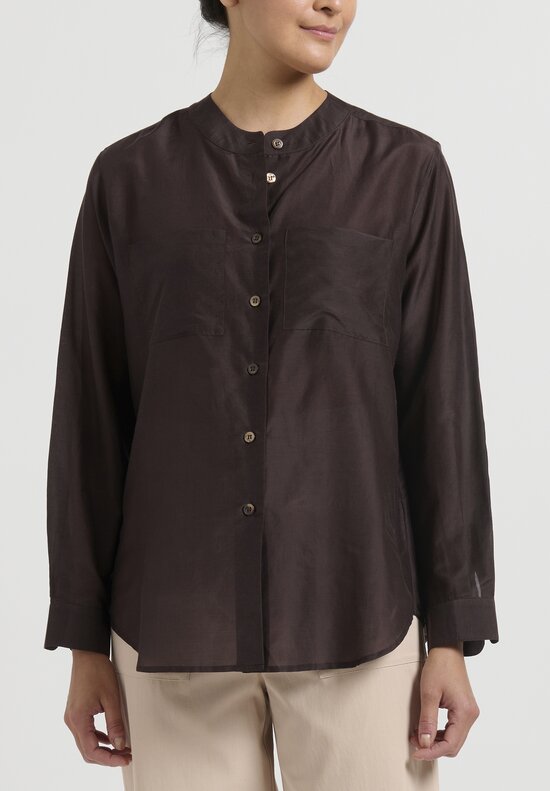 Sara Lanzi Cotton & Silk Voile Pocket Shirt in Chocolate Brown	