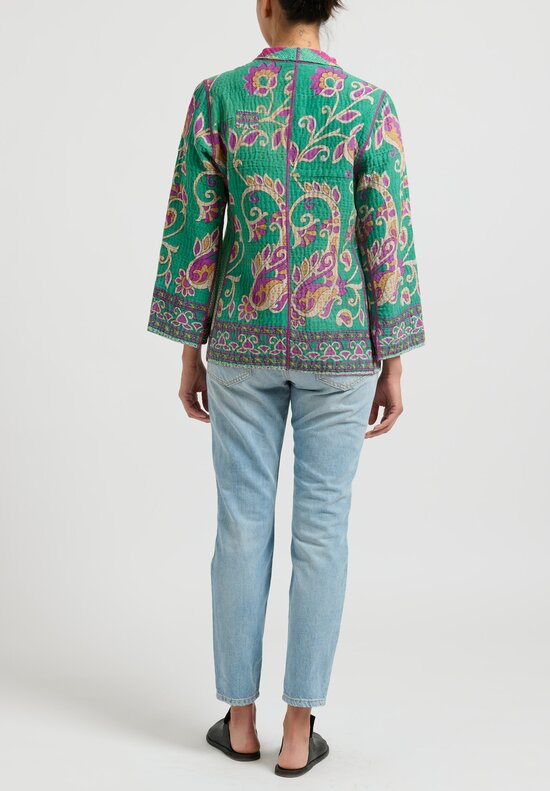 Mieko Mintz 4-Layer Vintage Cotton Short Jacket in Green/Purple Floral	