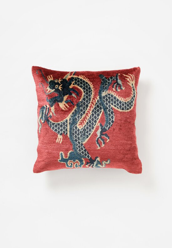 Tibet Home Hand Knotted & Woven Square Pillow in Red Dragon Facing Left	