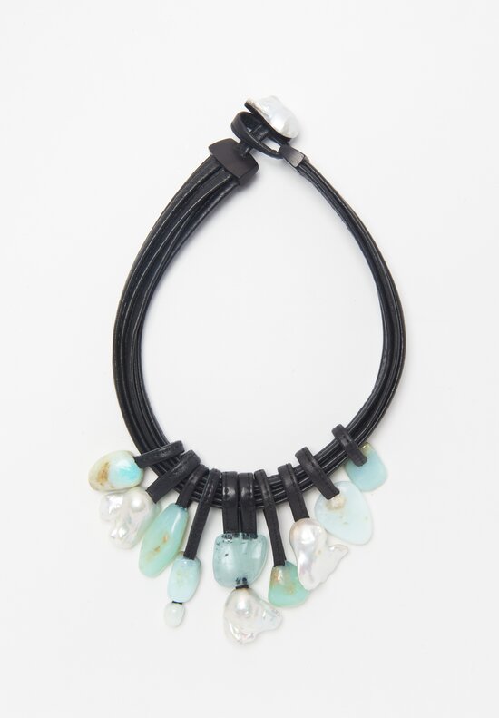Monies Andean Opal, Baroque Pearl & Aquamarine Leather Necklace	