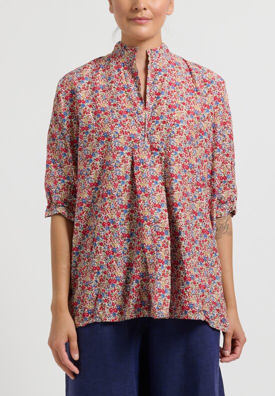 Daniela Gregis Washed Cotton Liberty Print Kora Top in Blue & Red Roses	