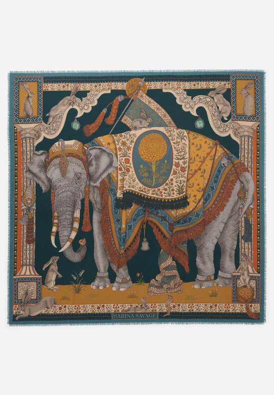 Sabina Savage Wool and Silk The Rabbits and the Elephant Scarf in Midnight Blue and Honey