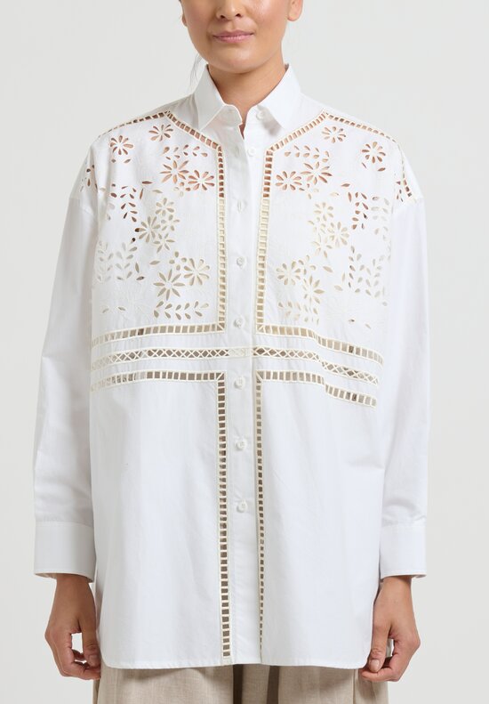 Biyan Embroidered ''Saquel'' Boyfriend Shirt in Ivory	